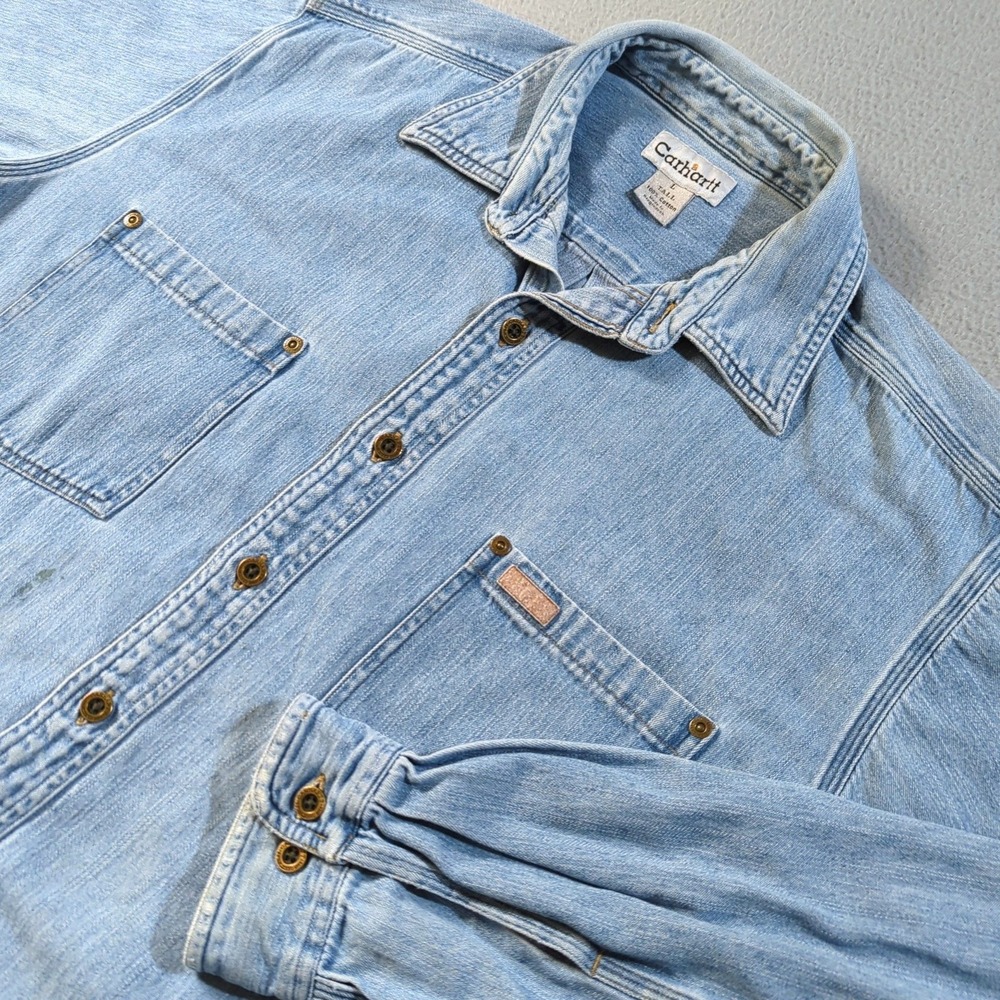 Carhartt Denim Work Shirt Mens L Tall Light Blue Long Sleeve Distressed Workwear